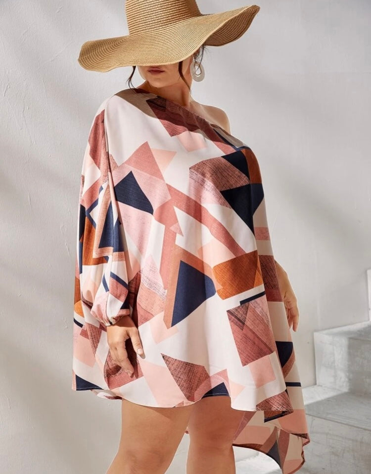 Beautiful Colored Plus Size Tan Mixed Styled Patchwork Print One Shoulder Lantern Sleeve Pull All Oversized Dress Fits Most Hem Clothing