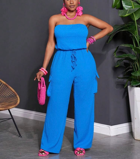 Lady in Blue Spring Summer Casual Plain Color Fitted Haltered Drawstring Waist Straight Leg Jumpsuit Knitted Fabric, Plus Size Curvy Waet