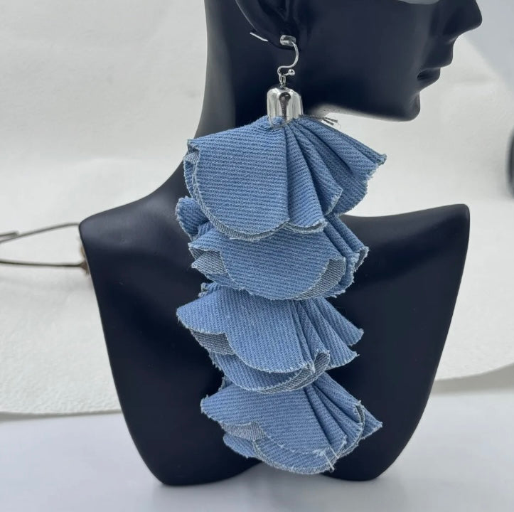 Beautiful Four Layered Denim Handmade Flower Petal Tassel Dangle Earrings for Women Fashion  Jewelry