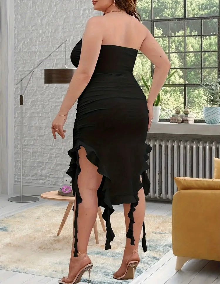 Bodycon & Black Sexy Plus Size Ruched Tight Fit Dress Casual Formal Spring & Summer Party Vibes Women's Plus Size Clothing