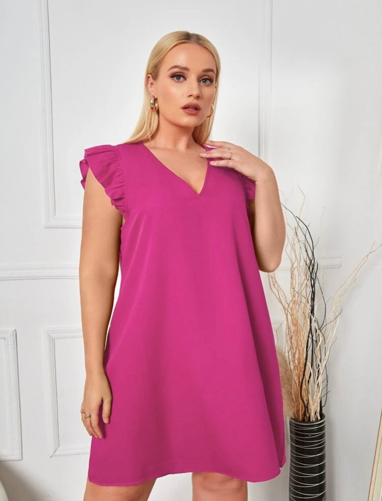 Classy Sassy Trendy Comfy Fit Plus V Neck Ruffle Trim Tunic Over Knee Dress for the Women’s Cute Curvy Girls