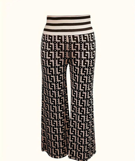 Pretty Print Straight Leg Pants Elastic Waist Pants Women's Plus Size Clothing