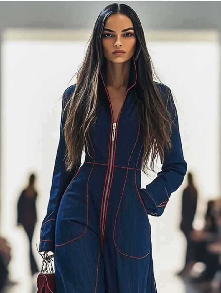 Sassy Denim Blue Look One Piece Jumpsuit w Large Pocket Design for Curvy Women