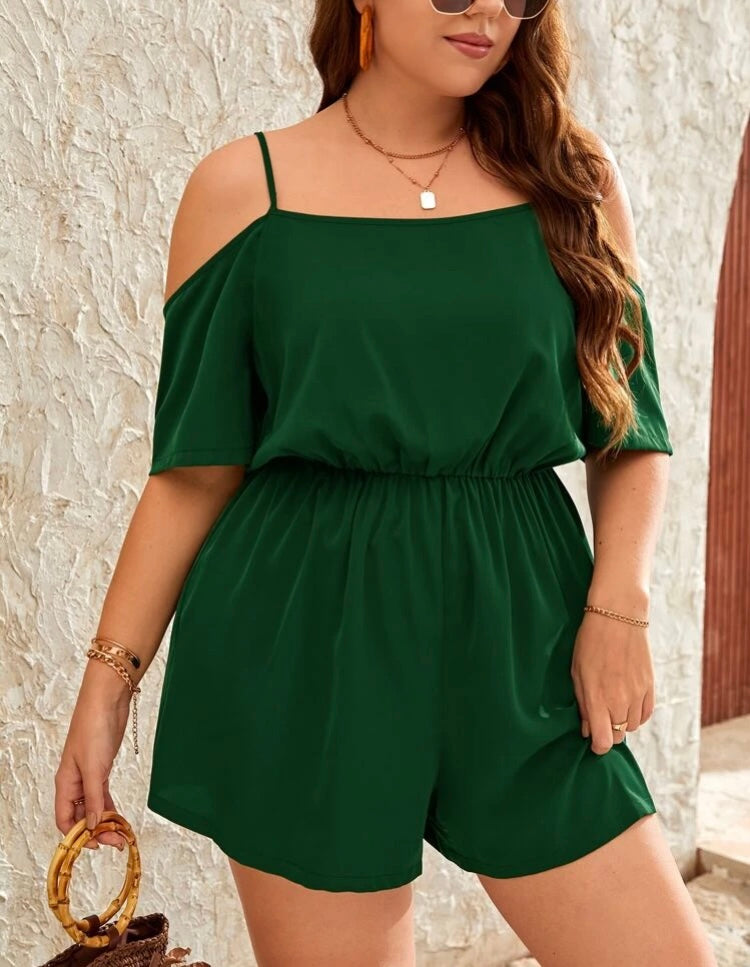 Casual Green Plus Solid Cold Shoulder Romper Spring Summer Wear Comfortable Cute Women’s Wear