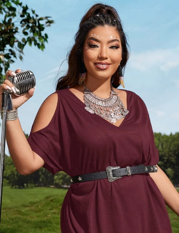 Burgundy Plus Shoulder Peek Sleeves Fringe Trim Nice Summer Breeze Dress Without Belt Women’s Wear Clothing