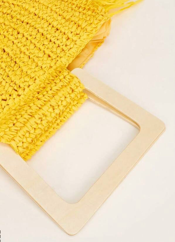 Yellow Fringe Trim Straw Tote Purse Woven Bag Perfect for Summer Vacay Beach Ocean Life Travel Accessories