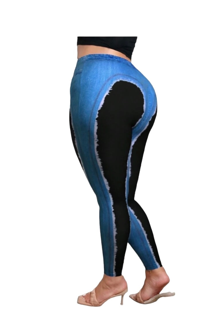 Plus Size Women's Denim Look Sexy Slim Fit Leggings w Ripped And Patchwork Design Wear