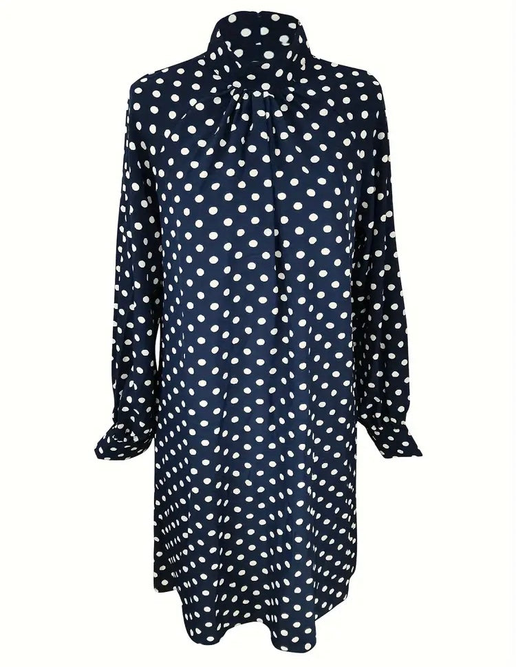 Pretty & Polka-Dot Blue Dress Mock Neck Curvy Women's Spring & Fall Wear