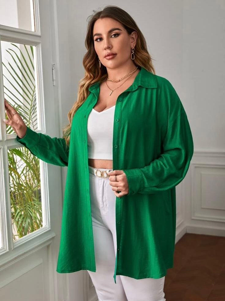 Beautiful Comfy Green Versatile Plus Long Sleeved Button Front Shirt Top Coat Dress Women’s Wear