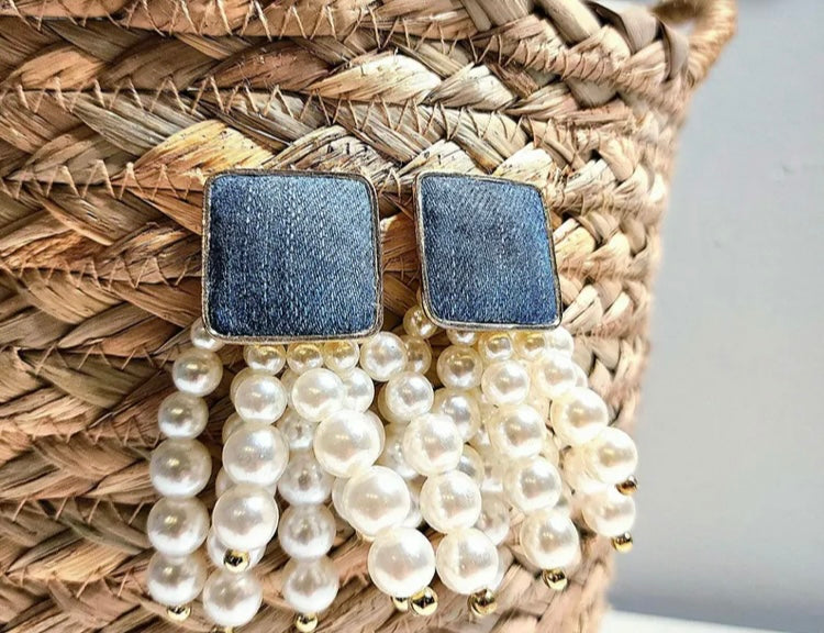 White Pearl Denim Round Beaded Chain Drop Earrings High-Quality Fashion Trend Jewelry Accessories