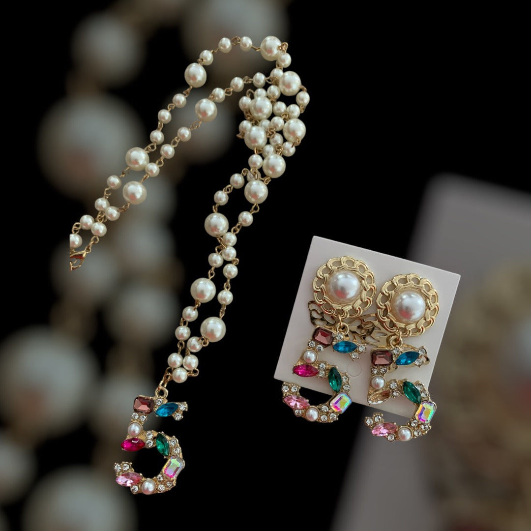 Beautiful Statement Multi Rhinestones No. 5 Crystal Styled Neck & Ear Set