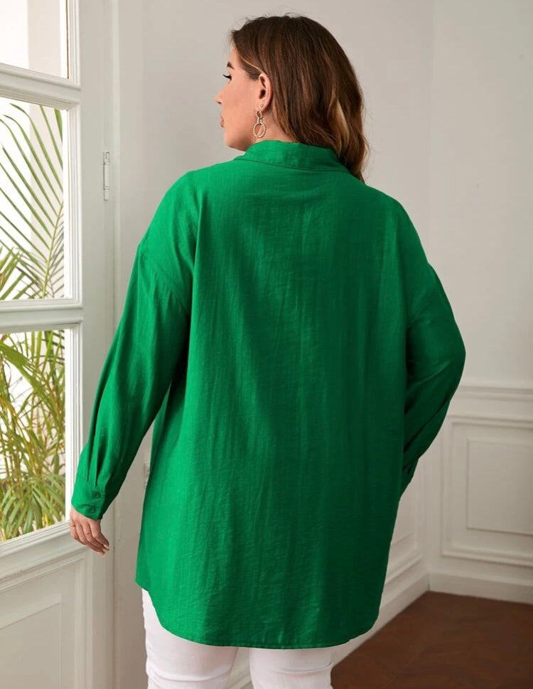 Beautiful Comfy Green Versatile Plus Long Sleeved Button Front Shirt Top Coat Dress Women’s Wear