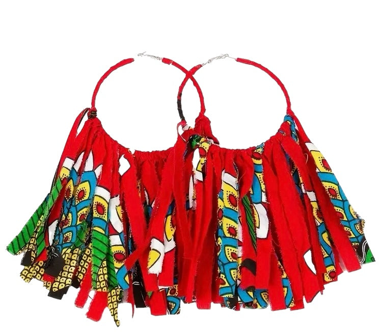 African Women’s Big Hoop Styled Fabric Cloth Feathered Multicolor Statement Fashion Earrings