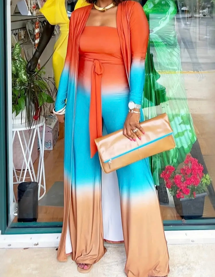 Casually Amazing Two Pieces Jumpsuit Plus Size Casual Outfit Women's Plus Ombre Earth Tone Print Long Sleeve Open Front Cardigan & Belted Outfits Set