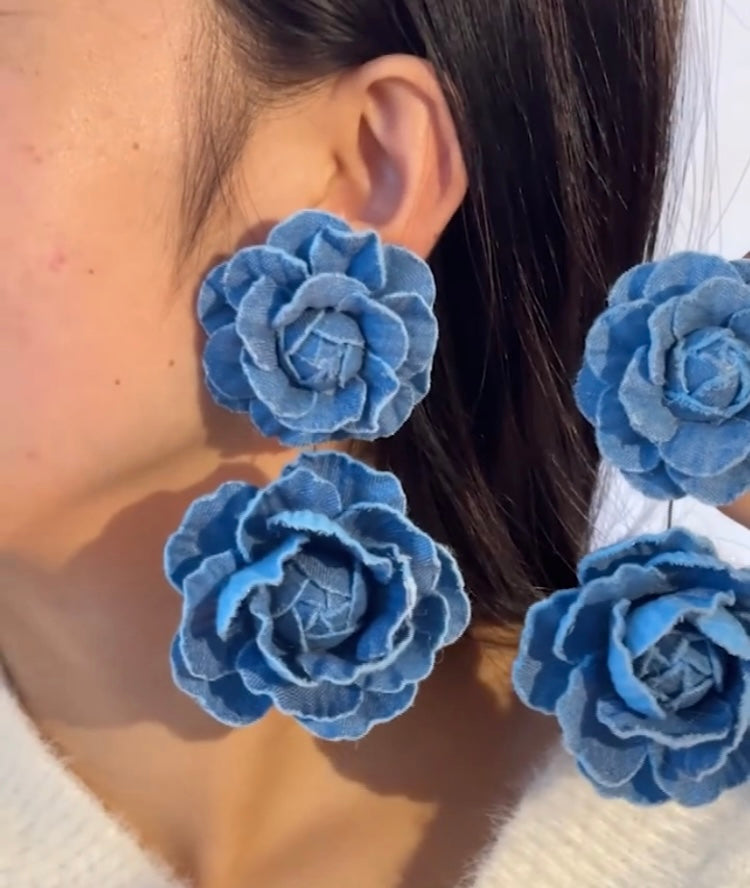 Elegant Big Denim Floral Rose Drop Earrings for Women Stylish Flower Design Accessories