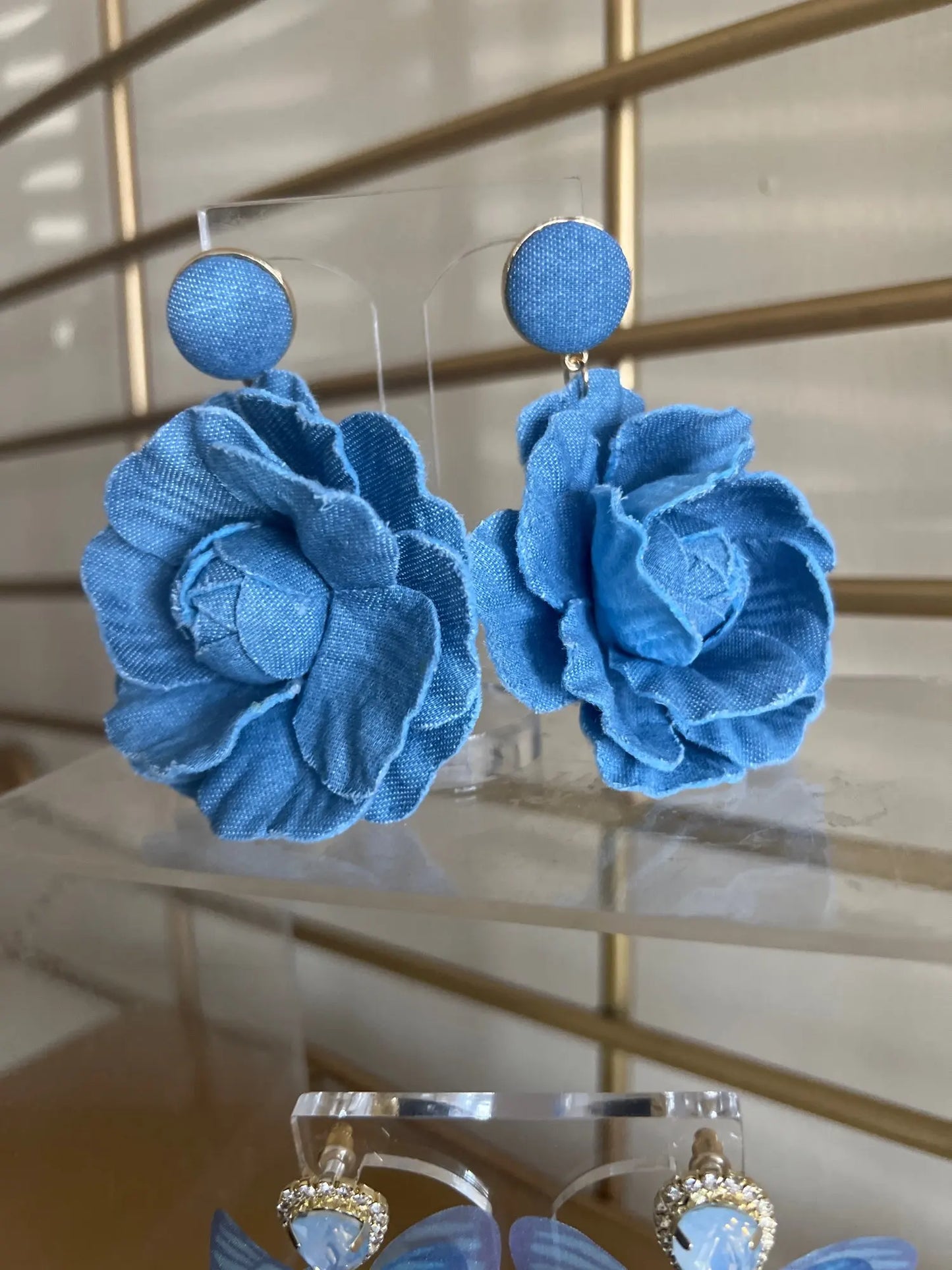 Denim Rose Flower Women Drop Bold Elegant  Exaggerate Statement Earrings