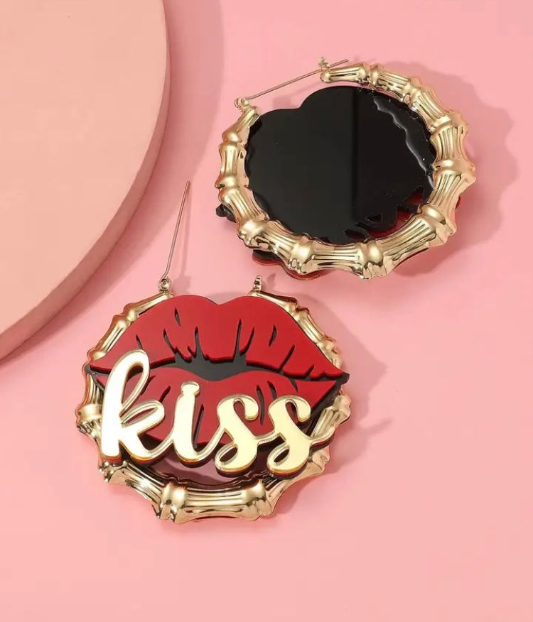 Fashion Red Kiss Sexy Lips Acrylic Women Gold Bamboo Earrings Jewelry