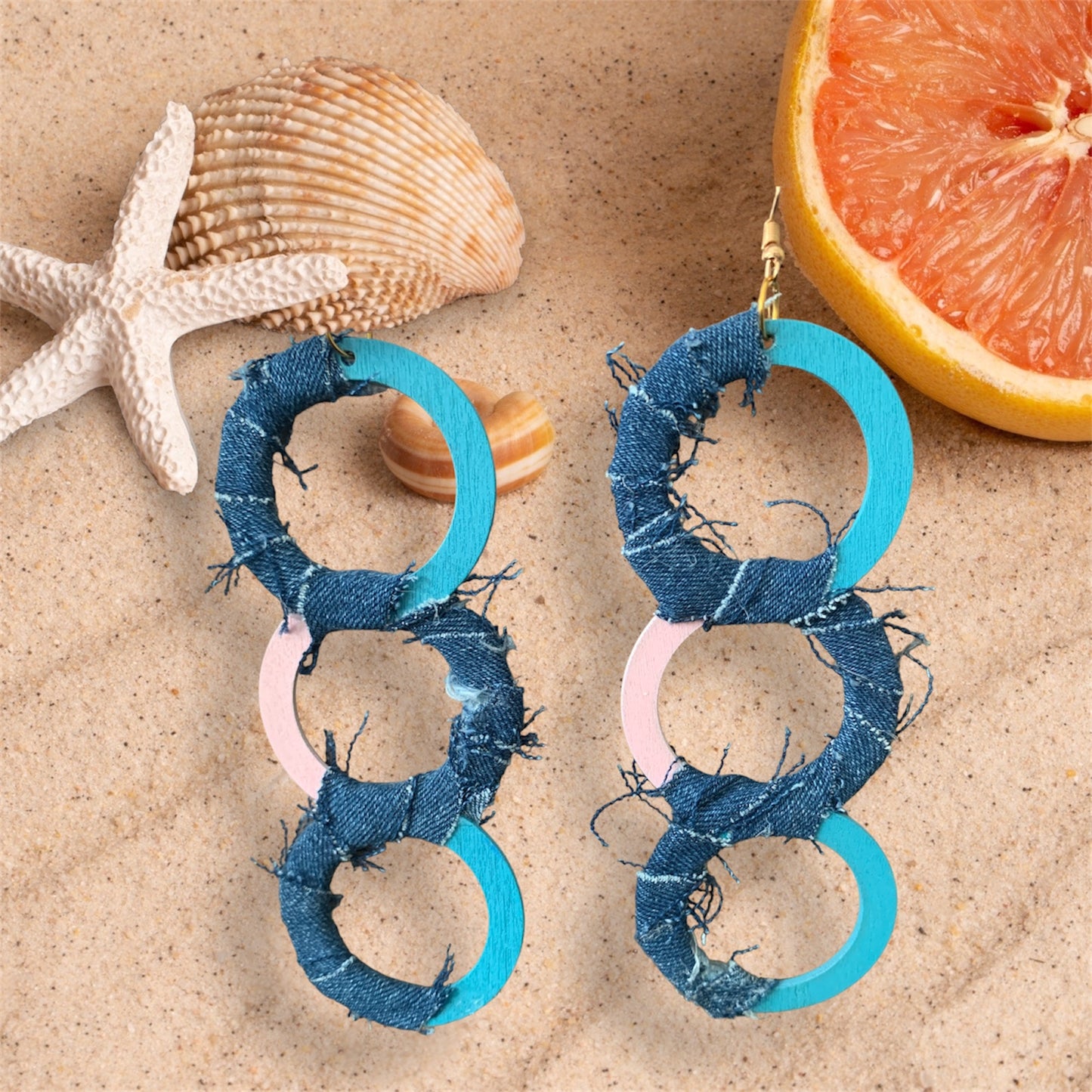 Fashion Statement Triple Denim Round Wood Distressed Baby Blue & Baby Pink Accents Customized Earrings Jewelry