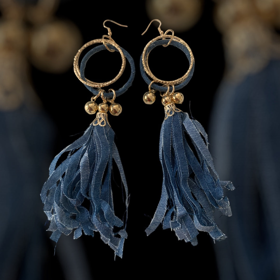 Fashion High Demand Denim Gold Long Earrings Handmade Accessories by T’s w ♥️