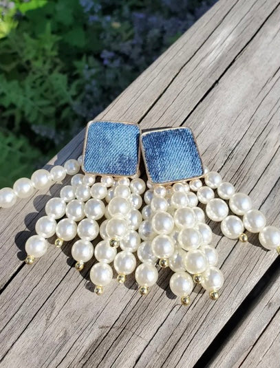 White Pearl Denim Round Beaded Chain Drop Earrings High-Quality Fashion Trend Jewelry Accessories