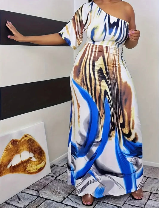 Radiant All Over Print One Shoulder Dress Casual Short Sleeve Women's Plus Size Clothing