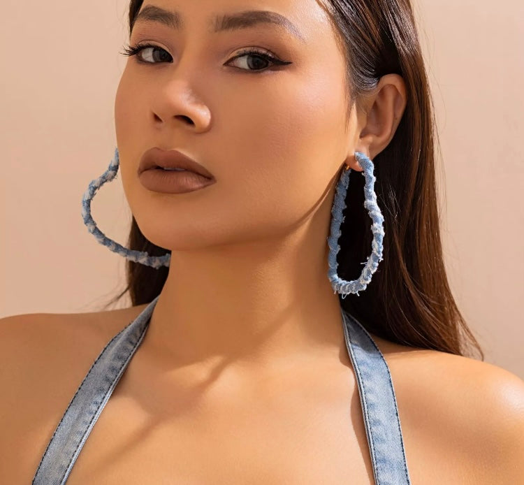Light Blue Denim & Fashion Print Fabric Wrapped Heart Hoop Earrings for Women Accessories