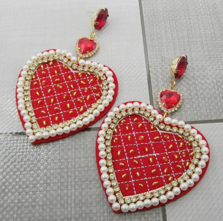 Big Red Heart Dangle Earrings for Women Statement 3 Layers Pearl Rhinestone Crystal Pendant Earrings Jewelry