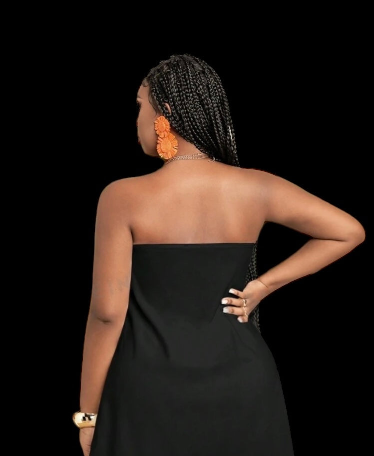 Sexy Seductive Summer Babe Black Plus Size Solid Color Twisted Front Split Strapless Top & Shorts Wear Clothes Set