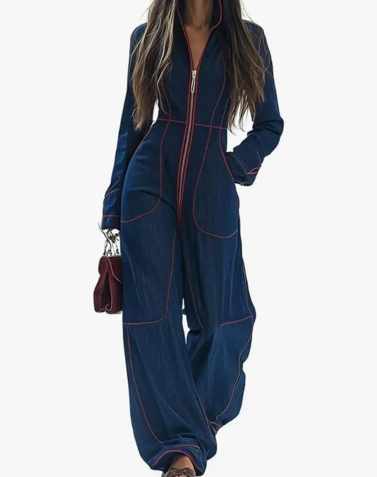 Sassy Denim Blue Look One Piece Jumpsuit w Large Pocket Design for Curvy Women