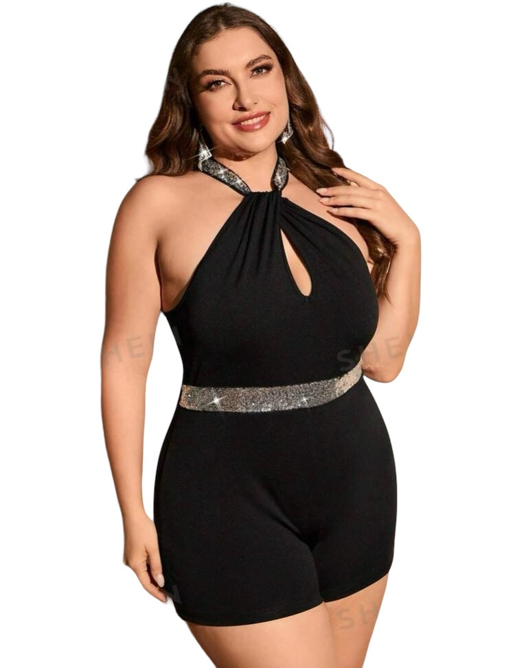 Sassy & Classy Chic Plus Size Contrast Silver Sequin Keyhole Back Out Halter Bodysuit Short Romper Women’s Wear