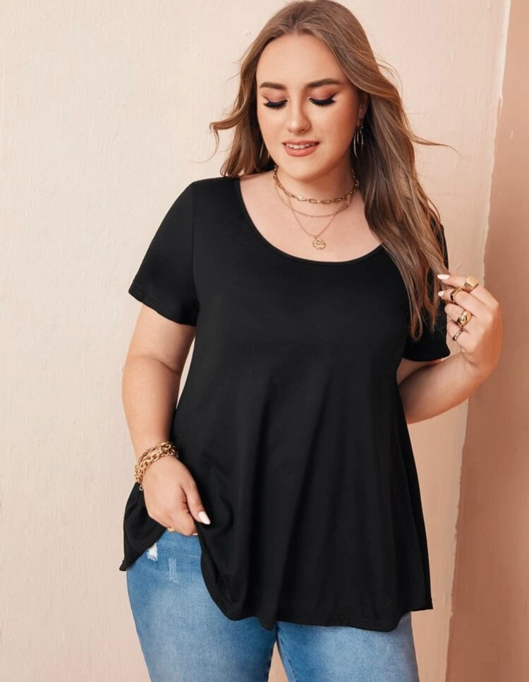Plus Size Round Neck Solid Black Tie Backless Tie Tee Top Blouse