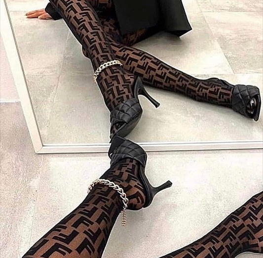 Black Knit Stretch Stockings Women Letter F Fishnet Pantyhose