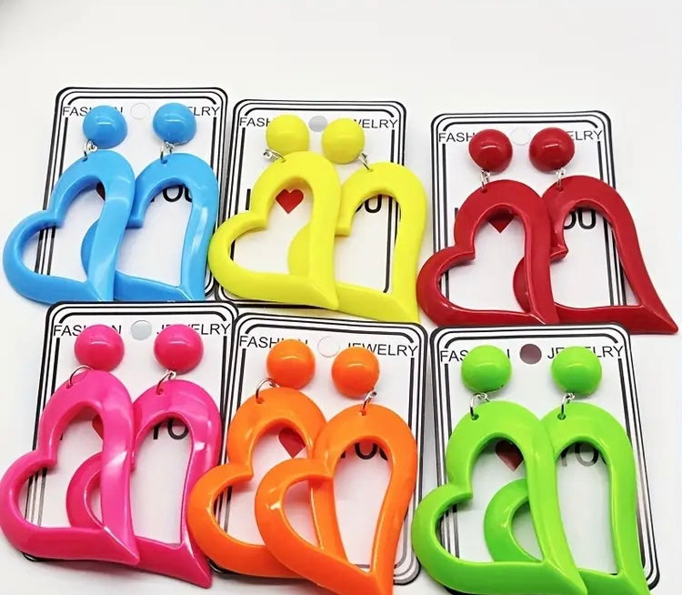 Cute & Bold Acrylic Heart Earrings in Fluorescent Colors Perfect for All Season Wear Accessories