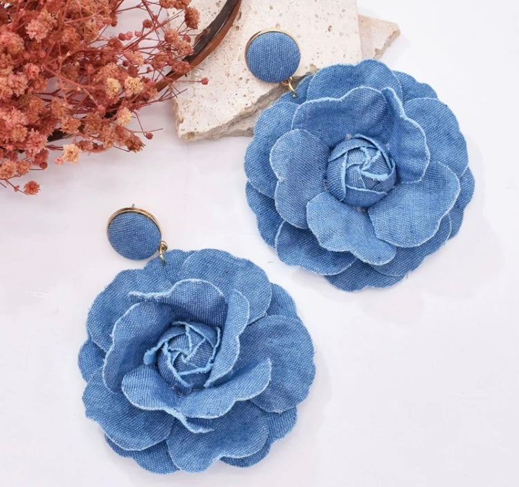 Denim Rose Flower Women Drop Bold Elegant  Exaggerate Statement Earrings