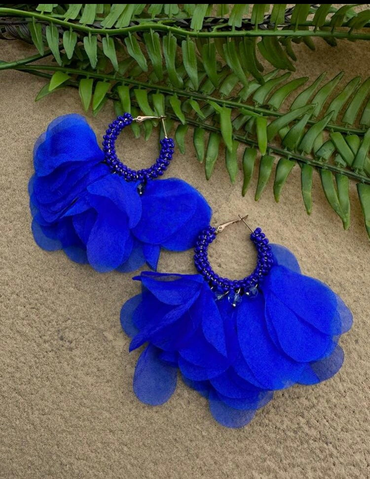 Beautiful Minimalist Blue Bohemian Style Flower Petals Beaded Chiffon Flower Statement Earrings Accessory w Hoop Closure