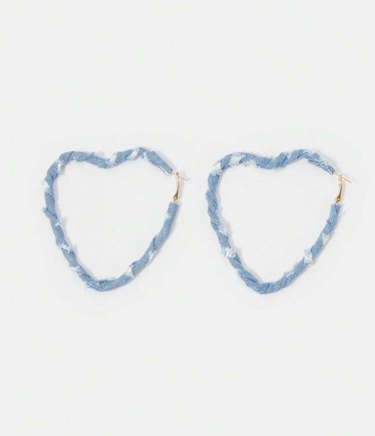 Light Blue Denim & Fashion Print Fabric Wrapped Heart Hoop Earrings for Women Accessories