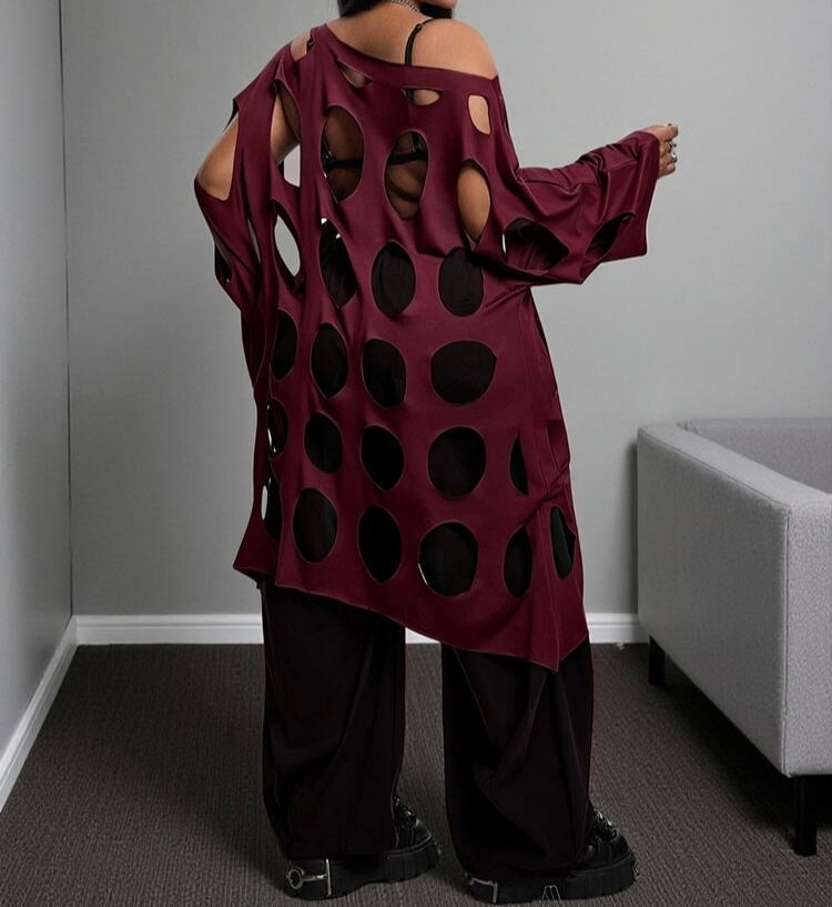 Women's Maroon Burgundy Asymmetric Shoulder Hollow Cut Out Cover-Up Mid-Length Dress Top