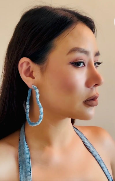 Light Blue Denim & Fashion Print Fabric Wrapped Heart Hoop Earrings for Women Accessories