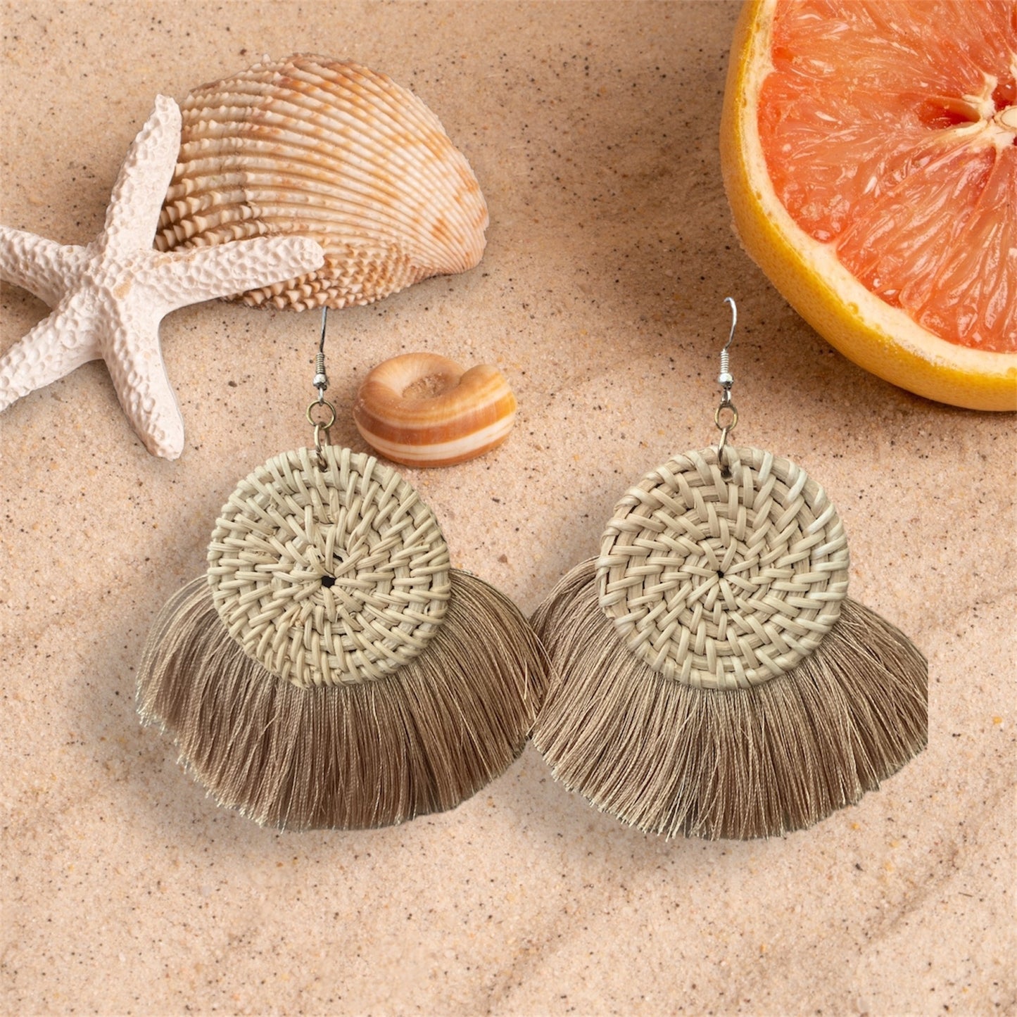 Women's Tassel Tan Feathered Style Woven Statement Chic Fashion Earrings Ladies