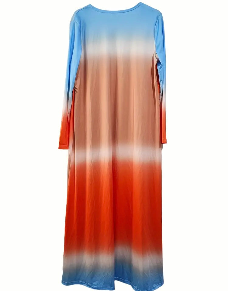 Casually Amazing Two Pieces Jumpsuit Plus Size Casual Outfit Women's Plus Ombre Earth Tone Print Long Sleeve Open Front Cardigan & Belted Outfits Set