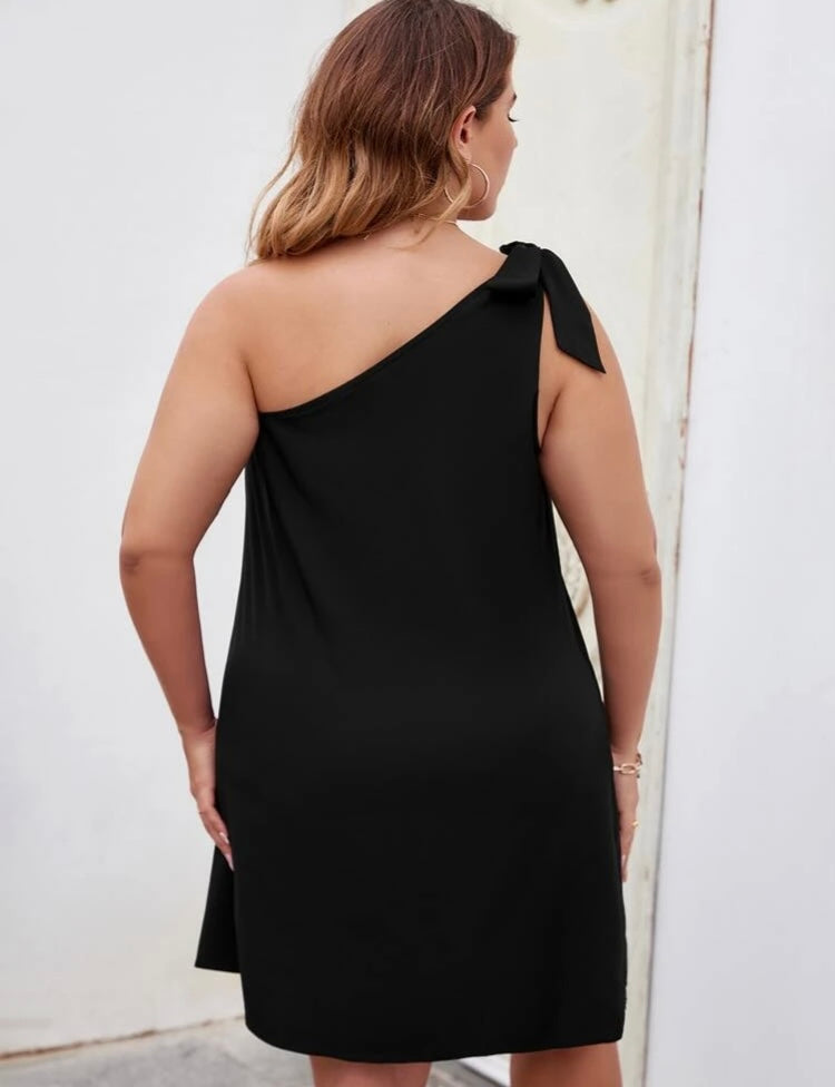 Sexy Black Diva Plus Size Bow One Shoulder Peek All Occasion Mini Party Dress Women’s Date Night Wear