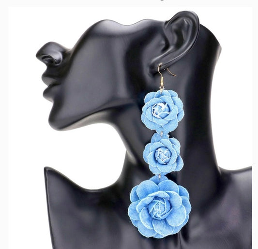 Beautiful Fashionable Triple Denim Flower Blue Jeans Big Flower Earrings for Women Jewelry Accessory