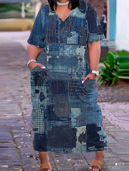 Trendy & Classy Plus Size Casual Dress Women's Patchwork Denim Print Look Short Sleeve V Neck Tee Dress w Pockets