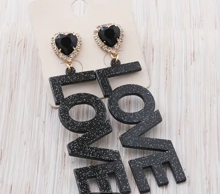 Black Glitter Chic Dangle Earrings Trendy Love Heart Design Rhinestone Resin Jewelry