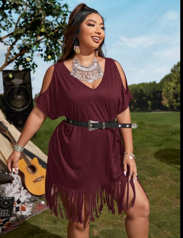 Burgundy Plus Shoulder Peek Sleeves Fringe Trim Nice Summer Breeze Dress Without Belt Women’s Wear Clothing
