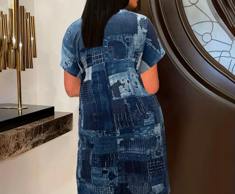 Trendy & Classy Plus Size Casual Dress Women's Patchwork Denim Print Look Short Sleeve V Neck Tee Dress w Pockets