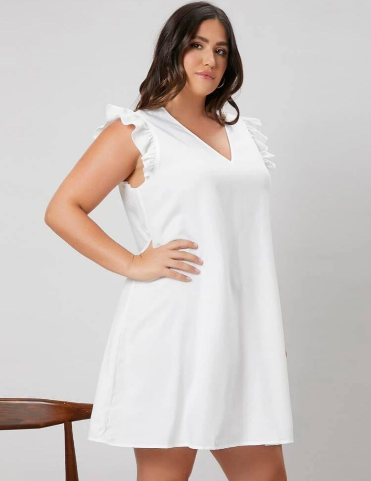 Classy Sassy Trendy Comfy Fit Plus V Neck Ruffle Trim Tunic Over Knee Dress for the Women’s Cute Curvy Girls