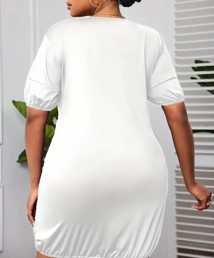 White Cute Plus Size Solid Draw Trim Dress Casual Tee Styled Women's Plus Size Clothing