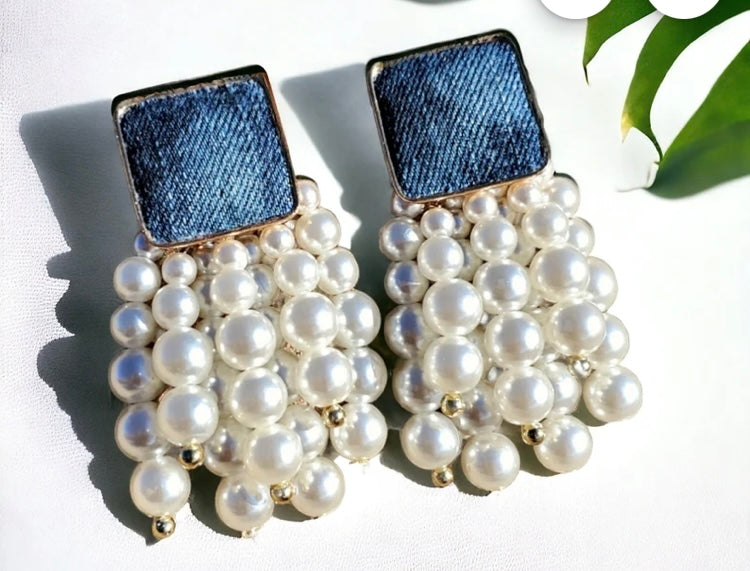 White Pearl Denim Round Beaded Chain Drop Earrings High-Quality Fashion Trend Jewelry Accessories