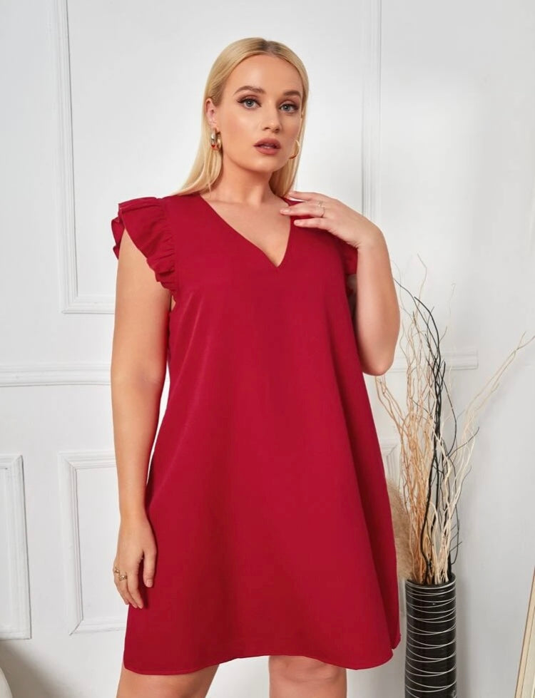 Classy Sassy Trendy Comfy Fit Plus V Neck Ruffle Trim Tunic Over Knee Dress for the Women’s Cute Curvy Girls